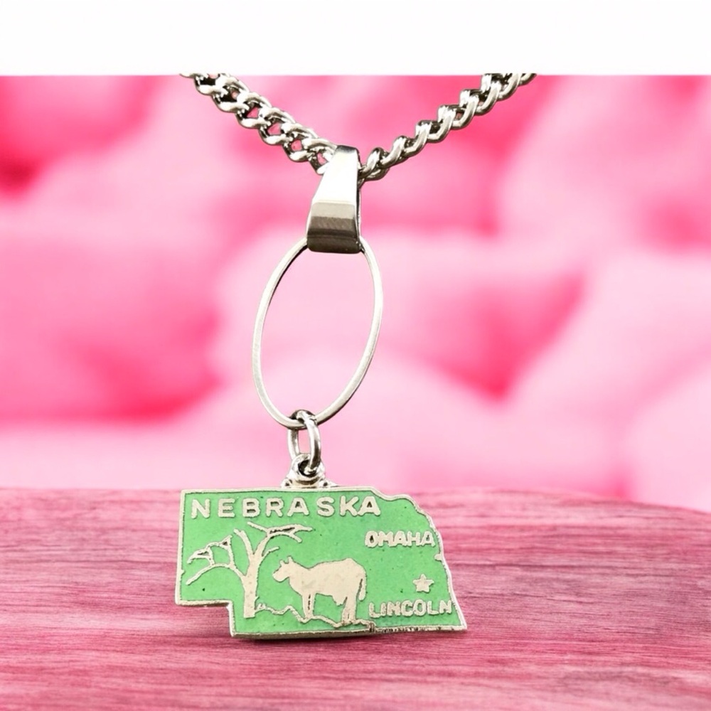 🆕 Nebraska Oval Drop Pendant Necklace Vintage Enamel/Stainless Steel